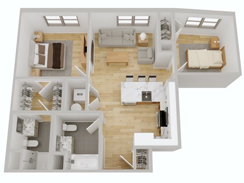 Floor plan for 2 beds, 2 baths, 822 sqft